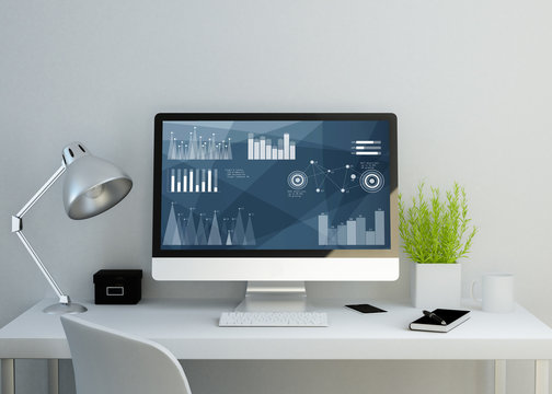 modern clean workspace with stock data on screen