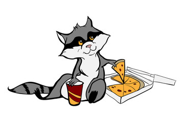 Cute Raccoon with pizza and pop color vector