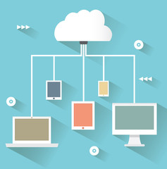 Flat design concept of cloud service and mobile devices with long shadows. Process of uploud and download