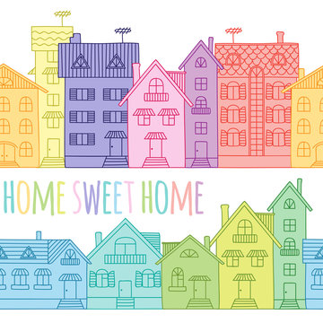 Seamless pattern of coloured houses drawn by hand.