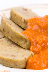 Slovakian recipe of chicken liver pasta with tomato sauce