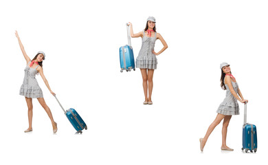 Naklejka premium Travelling woman with suitcase isolated on white