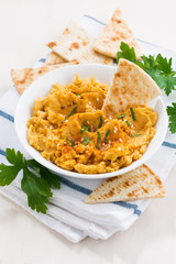 traditional sauce hummus with pita bread, vertical