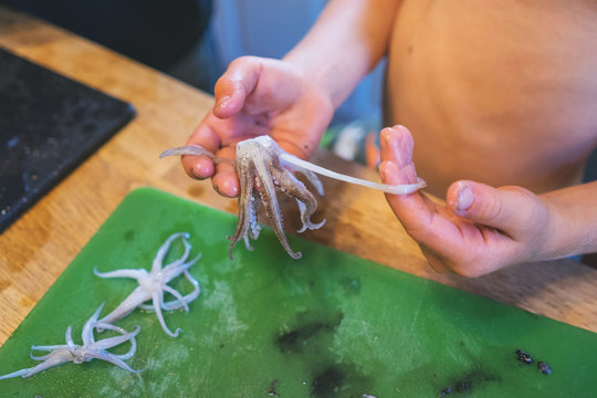 Boy cleaning squid tentacles