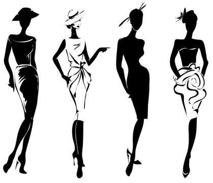 Black and white retro fashion models in sketch style