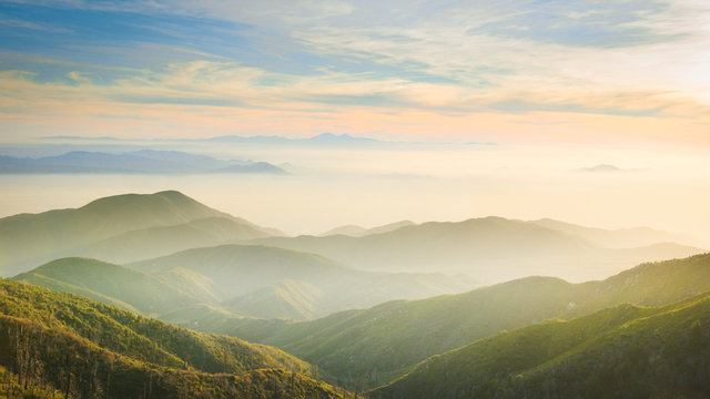 Hazy Landscape View from the Rim of the World Scenic Byway near Arrowhead lake, California, America, USA