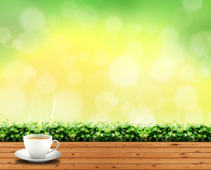 coffee cup on wood floor in outdoor park and sky green light background