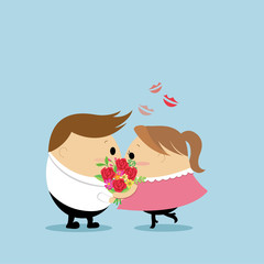 Vector of Cute man giving the rose bouquet and kissing his lover for valentines day