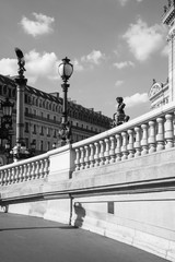 West facade of Grand Opera (Opera Garnier) in black and white ,