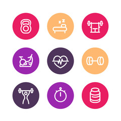 Fitness line icons, thick outline, workout, fitness symbol, training, round color fitness icons, vector illustration