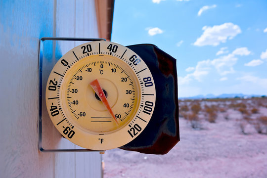 Close-Up of a Thermometer on side of a house in desert, Arizona, USA