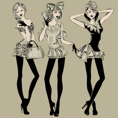 Street fashion woman models in sketch style