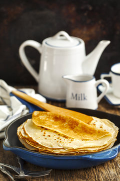 Stack of pancakes in a dish