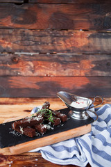 Fragrant toasts from black bread with cheese parmesan and white