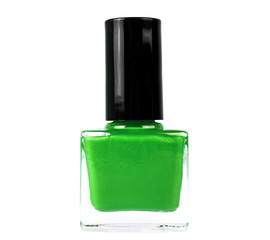 Green nail polish bottle on white background