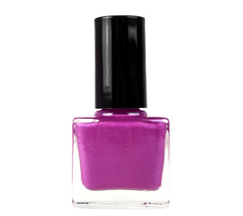 Violet nail polish bottle on white background