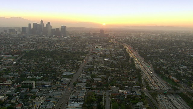 Aerial view of downtown Los Angeles at sunset