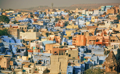 Cityscape of indian city Jodhpur with colorful constructions