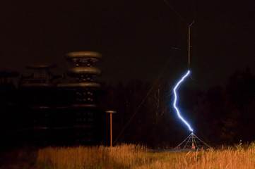 Artificial lightning in science research of high voltage discharge in total darkness. Istra, Moscow...