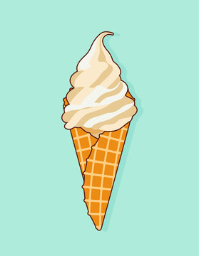 Colorful tasty isolated ice cream at a turquoise background. Crunchy wafer cone filled with white and beige cream. Vector Illustration.
