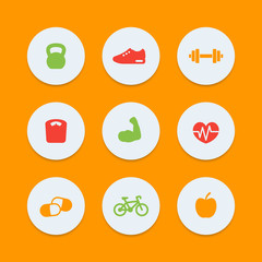 Fitness icons, simple fitness pictograms, round color icons, vector illustration