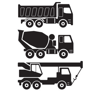 Truck icon set. Dump truck. Concrete mixer truck. Truck crane. Vector Illustration.