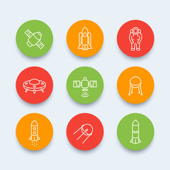 space line icons, satellite, astronaut, space shuttle, spaceship, spacecraft, space pictograms, round icons, vector illustration