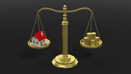 House and coins on scales