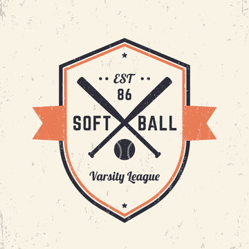 Softball vintage logo template, badge, t-shirt print, design, softball emblem, vector illustration