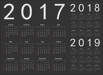 Set of black european 2017, 2018, 2019 year vector calendars