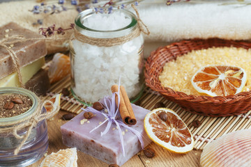 Composition of spa treatment on wooden background