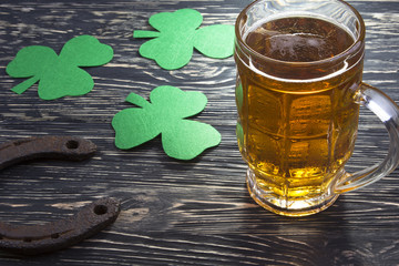 Shamrock clover, horseshoe, beer -symbol of St Patrick's Day