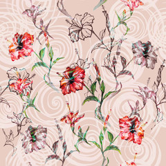 Tropical red hibiscus flowers. Seamless floral pattern line work and watercolor, in color and monochrome, with spiral ornament. On coral pink background. Fabric texture.