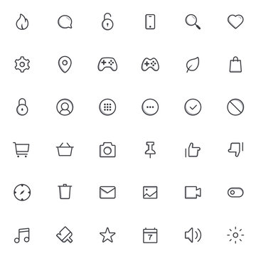 Outline vector icons for web and mobile. 36 Icons, 2 pixel stroke & 48x48 resolution