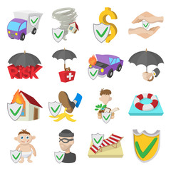 Insurance icons set, cartoon style