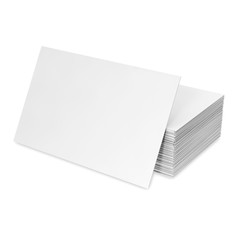 Stack of blank business card on white background.