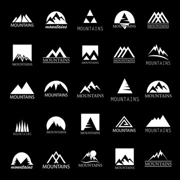 Mountain Icons Set-Isolated On Black Background-Vector Illustration,Graphic Design.For Web, Websites, App, Print, Presentation Templates, Mobile Applications And Promotional Materials. Different Shape