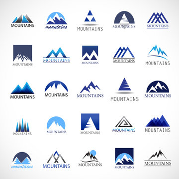 Mountain Icons Set-Isolated On Gray Background-Vector Illustration,Graphic Design.For Web, Websites, App, Print, Presentation Templates, Mobile Applications And Promotional Materials. Different Shape