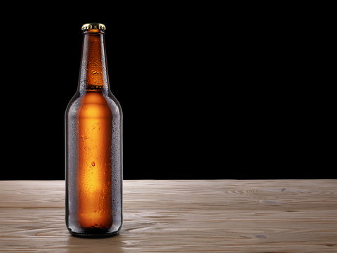 Beer Bottle On Wooden Table Mockup