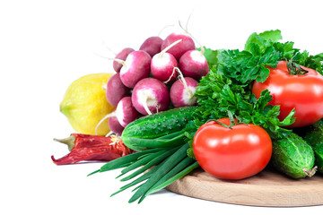 Fresh vegetables on a white background.