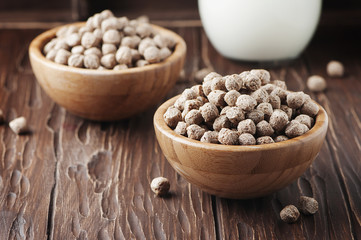 bran and milk for breakfast on the wooden table