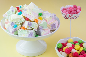 Homemade fruity marshmallow squares and jelly beans.