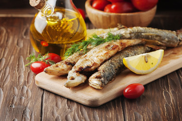 Rrussian traditional fish smelt on the wooden table