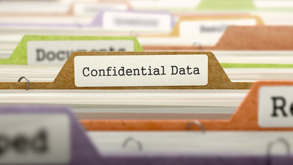 Confidential Data Concept on File Label in Multicolor Card Index. Closeup View. Selective Focus. 3D Render.  - obrazy, fototapety, plakaty