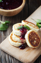 Tasty cottage cheese pancake with raspberry