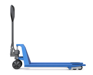 Hand pallet truck isolated on white background. Side view. 3d render image.