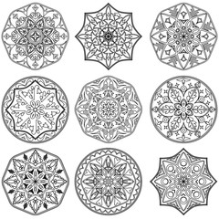 Set of 9 mandala in black and white.