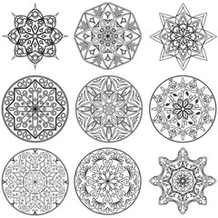 Vector set of 9 decorative elements mandala in black and white.