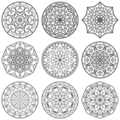 Set of 9 mandala in black and white.