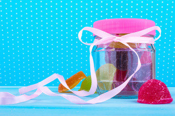 Colored sweets. candy and jelly on a bright background. marmalade of different colors on a bright background for the holidays and birthdays.